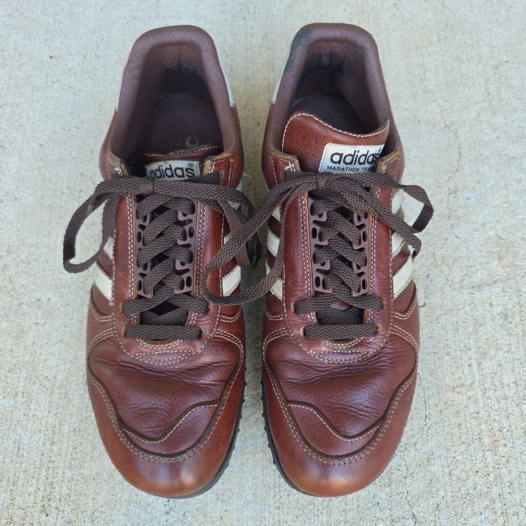 Vtg Adidas Marathon Trainers Mens Us 12/Uk 11.5 Brown Leather Good Condition